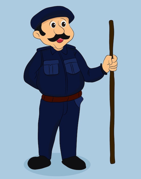 Vettore illustrazione di una guardia di sicurezza che tiene un bastone di legno