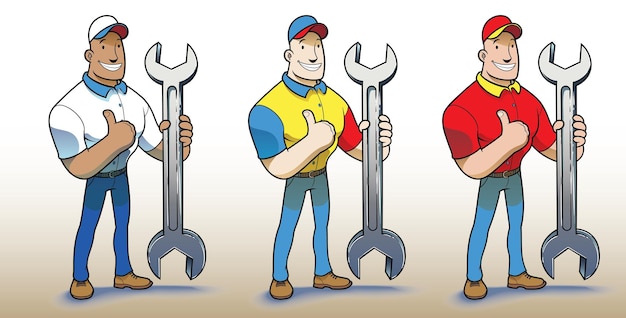 Vector illustration selection of a well-built male mechanic carrying a large workshop key