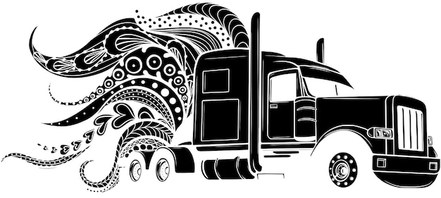 illustration of semi Truck with mandala ornaments