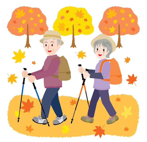 Illustration of the senior couple doing trekking in the autumn