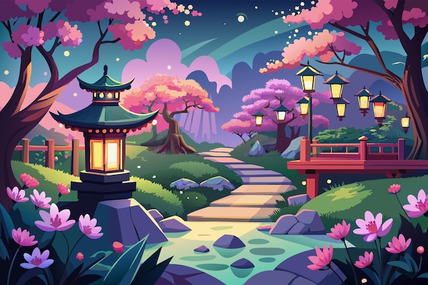 Vector illustration of a serene park with cherry blossom trees featuring stone lanterns along a winding path and a traditional bridge in the background