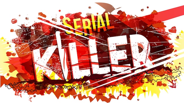 Vector an illustration of a serial killer white and yellow text on an abstract background with a knife