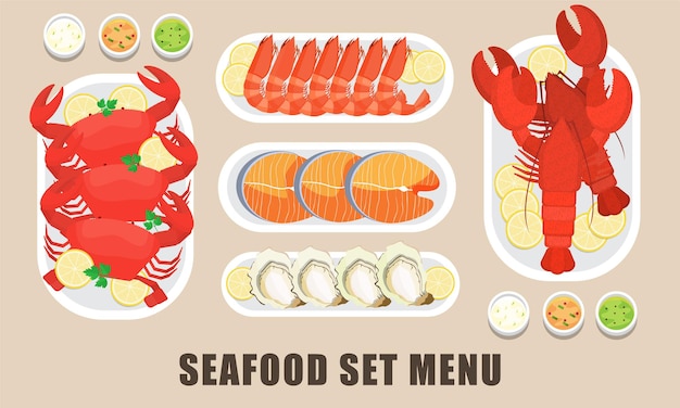 Vector illustration set of boiled mixed seafood menu dish