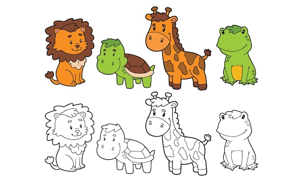 Illustration set of cartoon animals and variants for coloring book