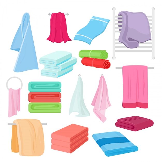 Vector illustration set of cartoon towels in different colors and shapes. cloth towel for bath.