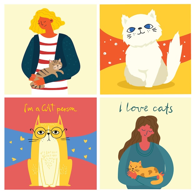 illustration set of cats and women holding cats