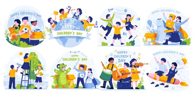 Vector illustration set of children's day flat style vector illustration