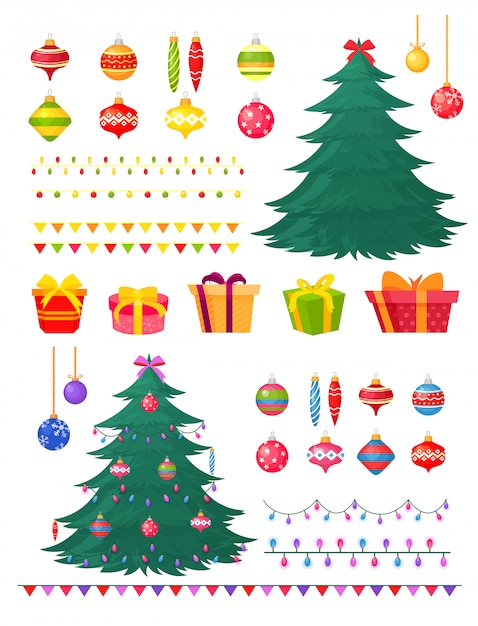 Vector illustration set of christmas decorations and gift boxes.