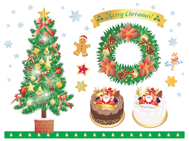 クリスマスツリーと花輪とケーキのイラストセット