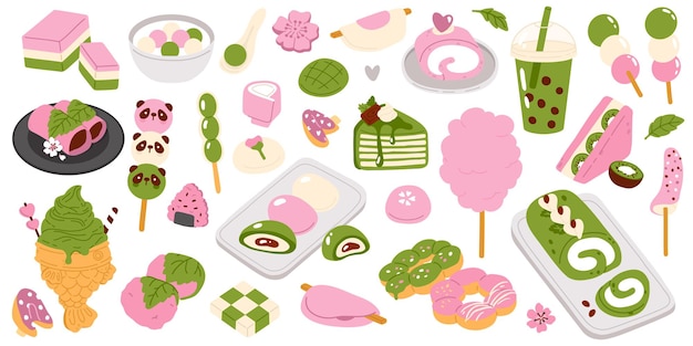 illustration set of colored in one style cute doodle asian food for print ,design, greeting card,sti