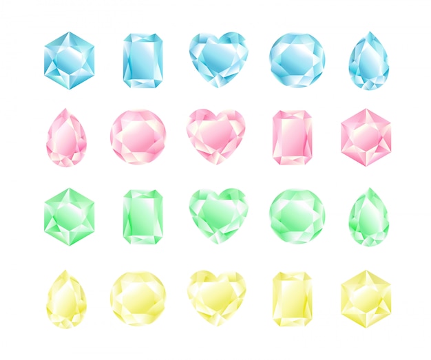 Illustration set of crystals different shapes and colors, diamonds collection, pastel colors.