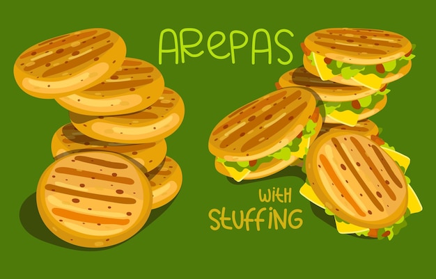 Illustrazione di un set di focacce cubane di arepas con e senza ripieno di cibo latinoamericano