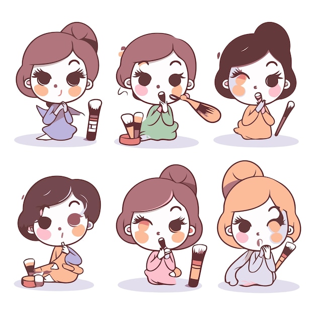 Vector illustration set of cute cartoon girls with different hairstyles and makeup