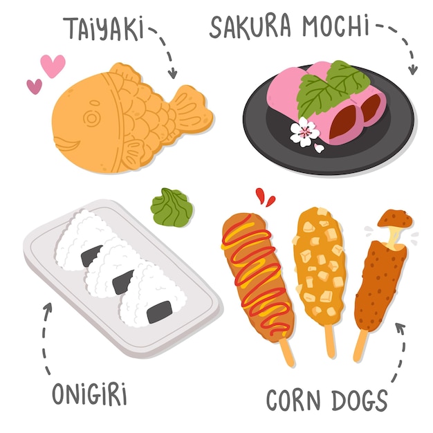 illustration set of cute  doodle asian food sakura mochi,taiyaki,corn dogs,onigiri