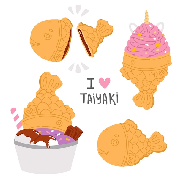 Set di illustrazioni di taiyaki di cibo asiatico doodle carino per stampa, design, biglietto di auguri, adesivo, icona