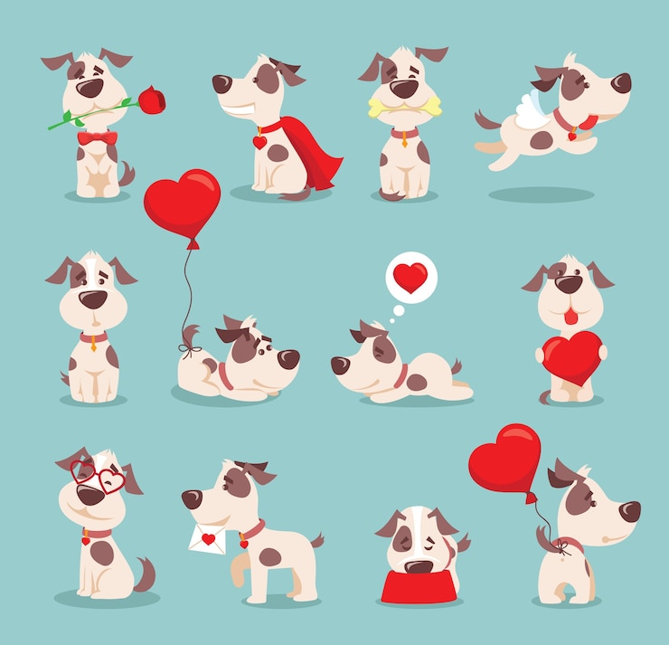 Vector illustration set of cute and funny cartoon little dogs-pupies in flat style