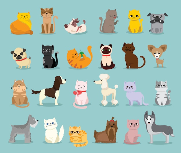 Illustrazione set di simpatici e divertenti personaggi dei cartoni animati da compagnia. diverse razze di cani e gatti in stile piatto