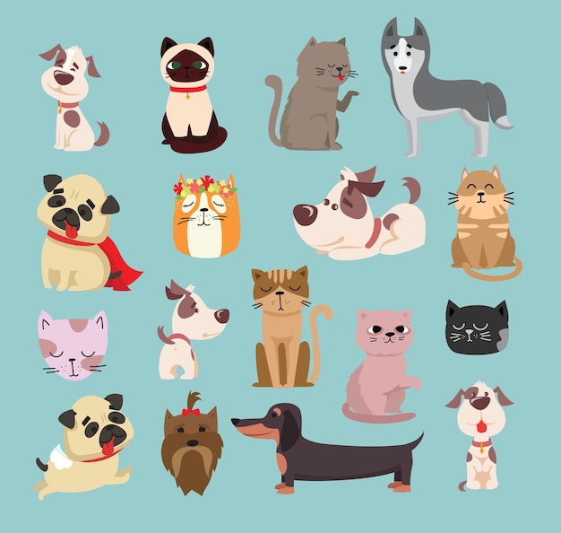 Illustrazione set di simpatici e divertenti personaggi di animali da compagnia dei cartoni animati. diverse razze di cani e gatti