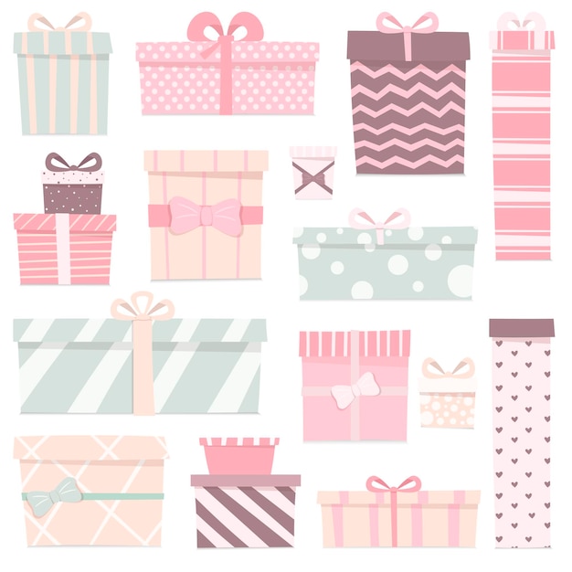 Illustration set of cute gifts of different shapes and colors.