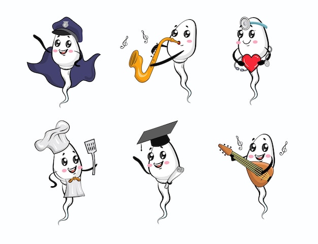 Vector illustration set of cute happy funny sperm cell fertilization characters