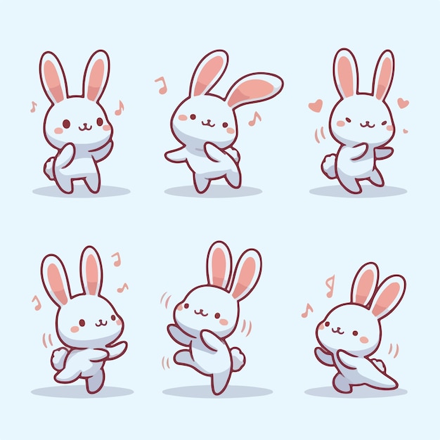 Vector illustration of a set of dancing bunnies in a cartoon vector style