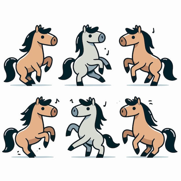 Vector illustration of a set of dancing horses in a cartoon vector style