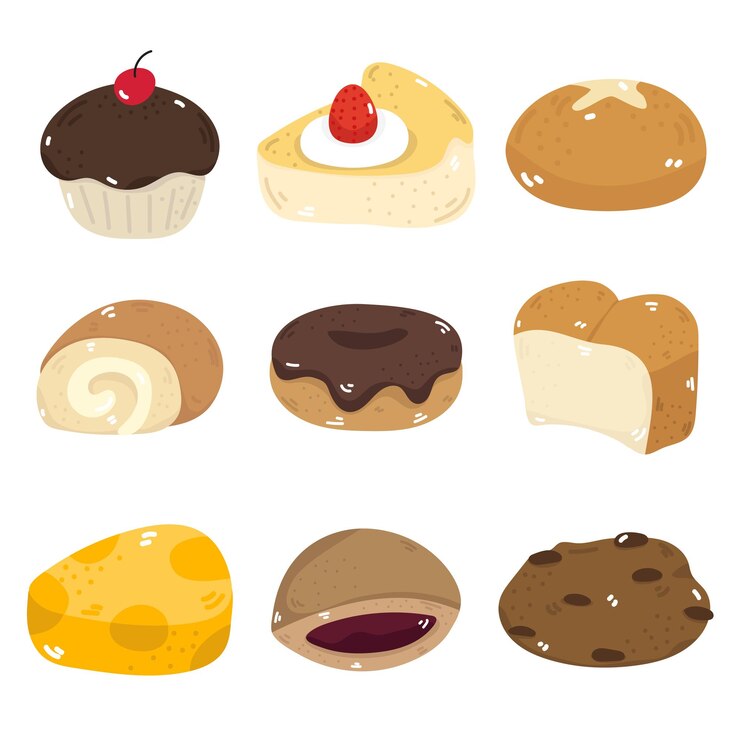 Vector illustration set of desserts and bakery items such as cakes bread separate background