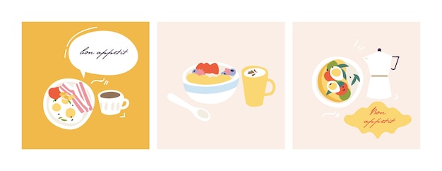 Vector illustration set of different breakfasts. various tasty bakery products and hot drinks.