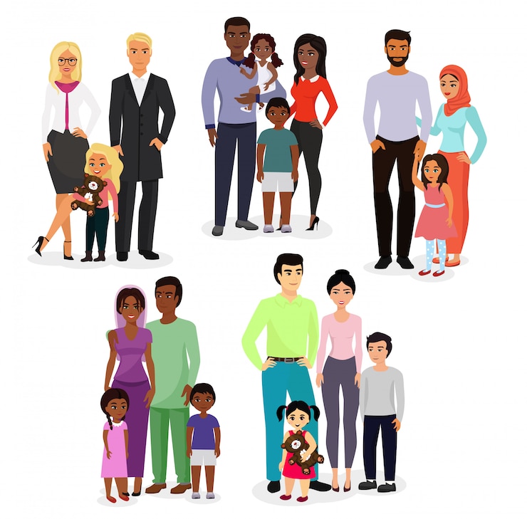 Vector  illustration set of different nationals couples and families. people of different races, nationalities white, black and asian , ages, with baby, boy, girl happy and smiley on white background.