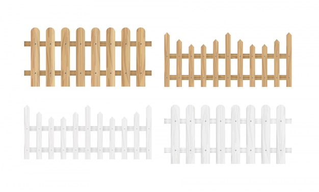   illustration set of the different wood fences in light brown and white color and different shapes in flat style.