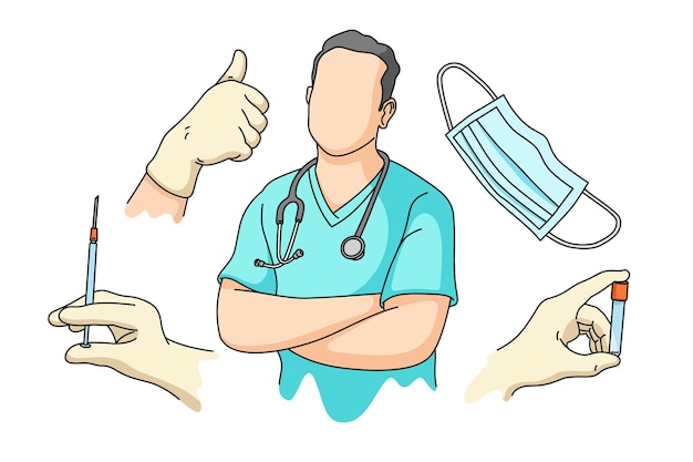 Insieme dell'illustrazione del medico con stile disegnato a mano