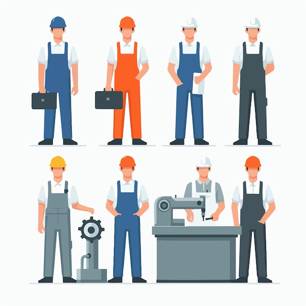 Illustration set of factory workers in flat design style