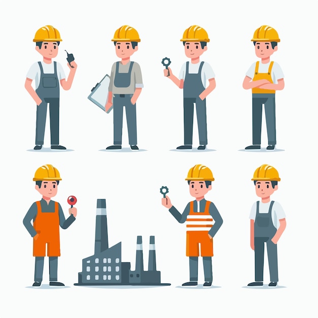Vector illustration set of factory workers in flat design style