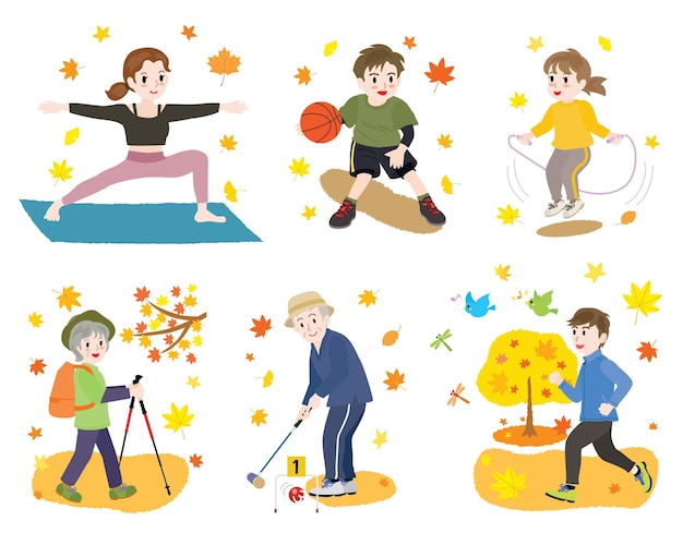 Insieme dell'illustrazione della famiglia dell'autunno dello sport