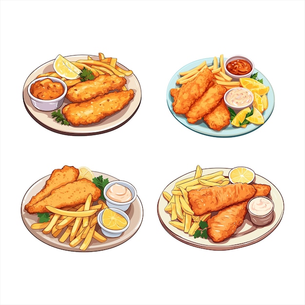 Illustration set of fish and chips on white background