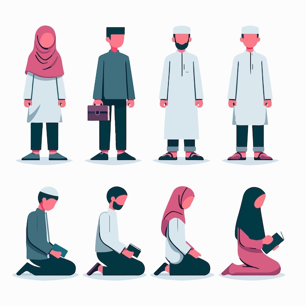 Vector illustration of a set of full body muslim characters with a flat design style