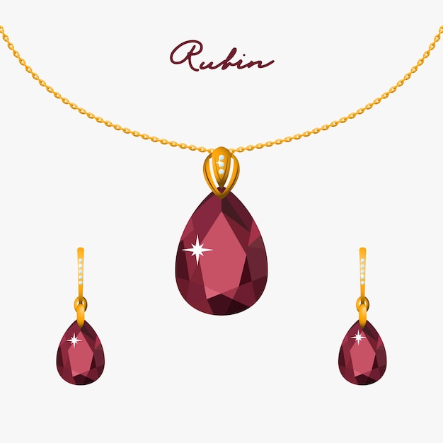 Vector illustration set of gold jewelry pendant on a chain and earrings with rubies