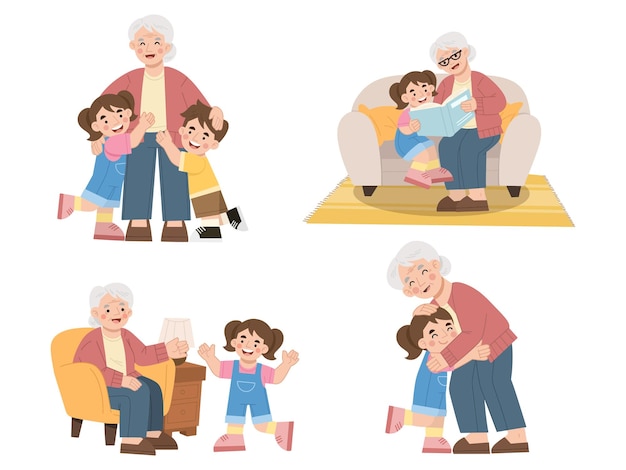 祖母と孫のイラストセット