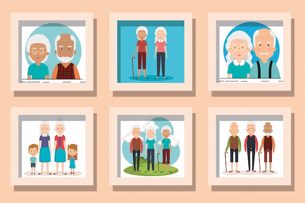 illustration set of grandparents with grandchildren