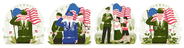 Vettore set di illustrazioni di un gruppo di veterani con una bandiera americana e fiori in mano che salutano