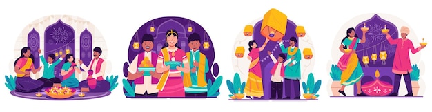 Vettore set di illustrazioni di felici saluti di diwali popolo indiano in abiti tradizionali con lampade ad olio accese o diya che celebrano la festa delle luci di diwali