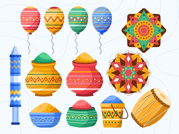 Illustration of set of holi festival element object.