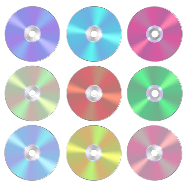 Insieme dell'illustrazione del cd o del dvd isolato in bianco del compact disc. stile realistico.