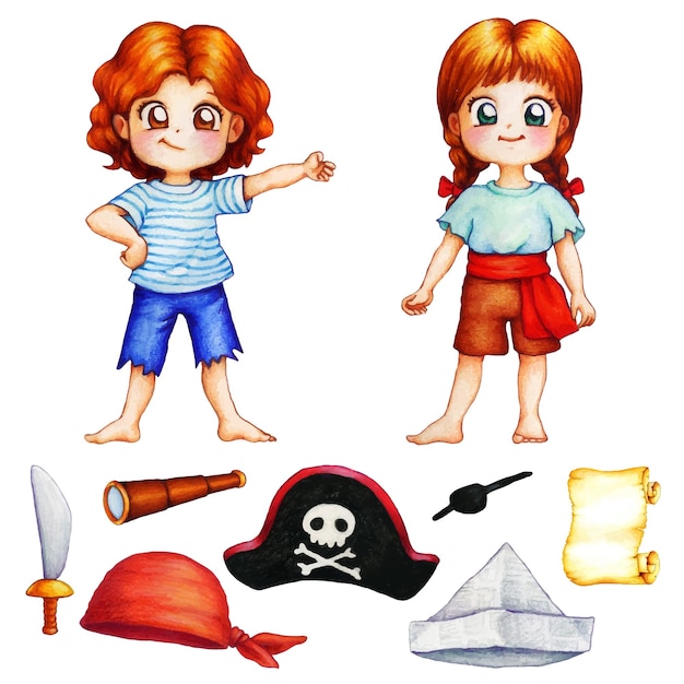 Illustration of set of little pirate girls