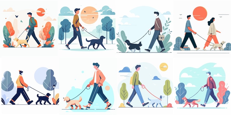 Vector 犬と歩いている男のイラストセット