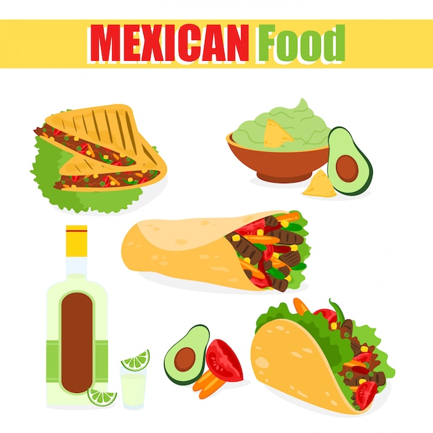 Illustration of a set of mexican traditional dishes, tacos, burrito with avocado meat, tequila corn,  on a white background in a cartoon  e.