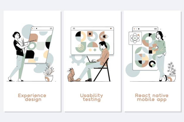 Illustration set of mobile app development process abstract concept