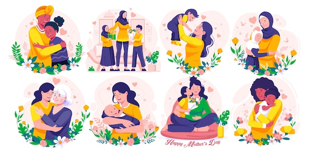 Illustration set of mother's day with mother daughter and son