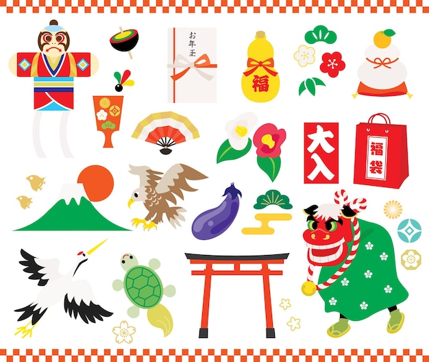 Illustration set of New Year holidays in Japan