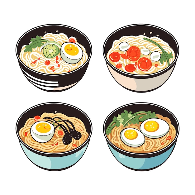 Иллюстрация набора лапшевого супа на белом фоне